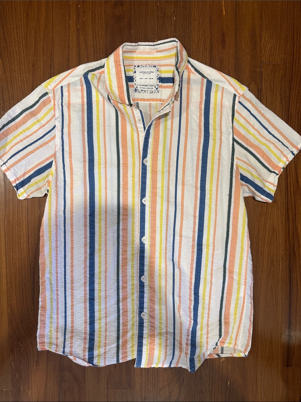 Denim & Flower Short Sleeve Button-Up Shirt in White, Blue, Yellow, Orange